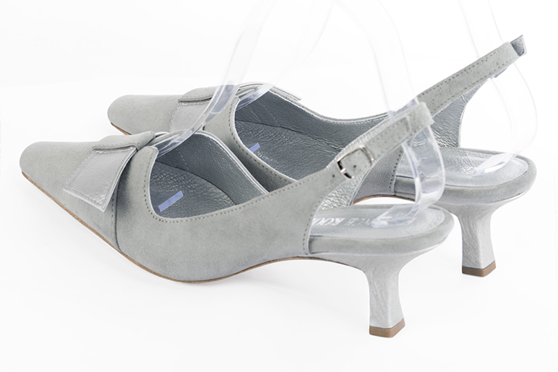 Pearl grey women's open back shoes, with a knot. Tapered toe. Medium spool heels. Rear view - Florence KOOIJMAN